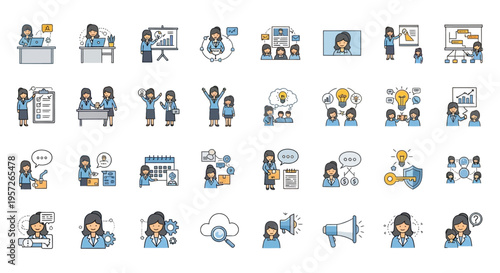 Businesswoman Icon Set: Collaboration, Strategy, Planning, and Success