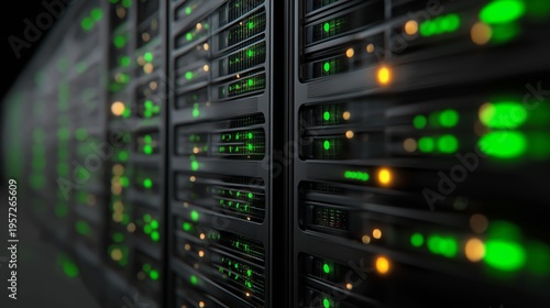 Server racks in data center with glowing green and amber LED lights showing active hardware status. High performance computing concept for network infrastructure, cloud storage systems and enterprise 