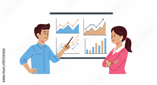 Businessman and businesswoman discussing charts.