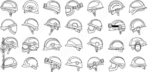 Hand-Drawn Vector Outline Collection of Safety Helmets and Hard Hats. Various Protective Headgear for Construction, Industrial, and Mining Workers on White Background.
