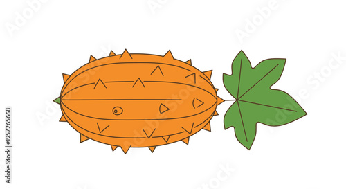 Cartoon spiky orange fruit with leaf.