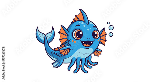 Cartoon blue sea creature smiling.
