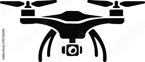 Black silhouette of a quadcopter drone with camera simple vector icon for aerial photography and technology concepts isolated on white isolated on white background
