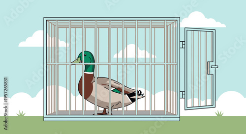 Duck in a metal cage enclosure.
