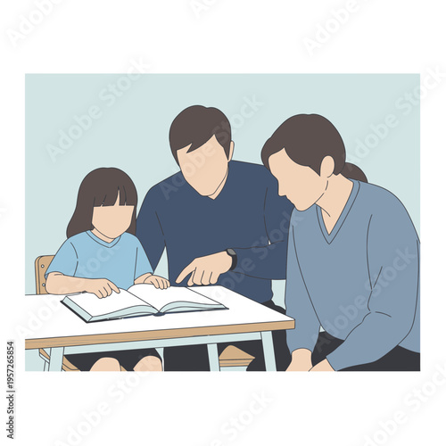 Family reading book together at home 1.