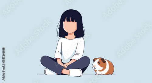 Little girl sitting with guinea pig.