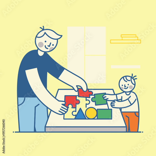 Man and child playing with puzzle.