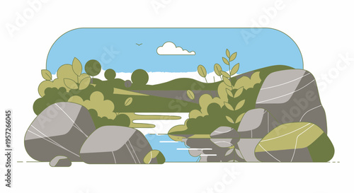 Large gray rocks by a stream.