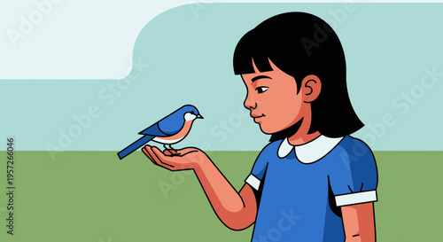 Little girl holding a blue bird.