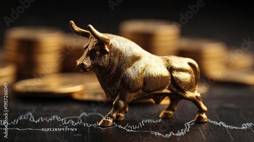 A golden bull figurine standing on a graph with coins in the background, symbolizing financial growth and market trends.