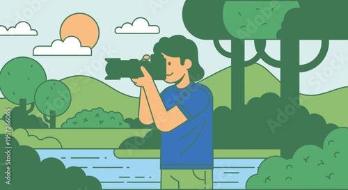 Man holding binoculars in landscape view.