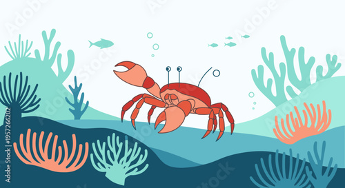 Red crab on ocean floor closeup.