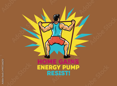 Home workout fitness graphic print. Bodybuilding exercise poster design. Muscular man training with resistance band for t-shirt print and sticker art.