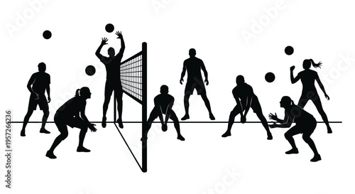 Silhouette of people playing volleyball.