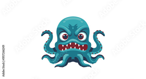 Teal cartoon octopus with sharp teeth.