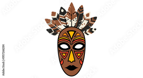 Tribal mask with feathered headdress on.