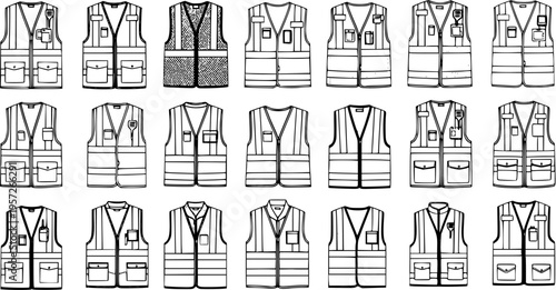 Set of 21 Outline Safety Vests and Work Vest Icons, Line Art Collection Illustrating Different Designs for Industrial Safety, Construction, and Engineering Professionals.