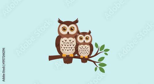 Two brown owls on branch together.