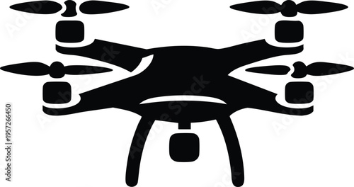 Black silhouette of a quadcopter drone with camera simple vector icon for technology and aerial photography concepts isolated on white isolated on white background