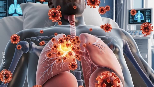 A patient with pneumonia or COVID-19 in a hospital, with a glowing lung and surrounded by virus particles