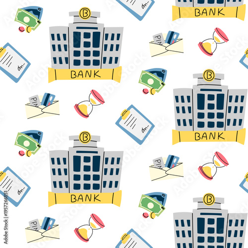 Flat seamless pattern with bank building, hourglass and financial documents. Money investment and banking services background for corporate website, wrapping paper or textile. seamless texture