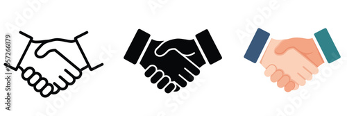 handshake icon set representing business partnership agreement, successful cooperation deal and collaboration concept, corporate identity and negotiation themes, professional clean vector illustration