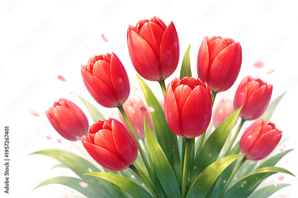 Fototapeta premium Red Tulip Flowers Anime Style on White Background