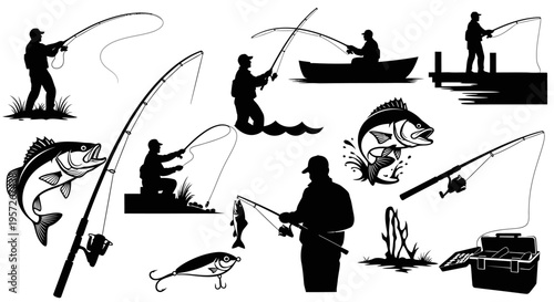 Fishing Silhouettes: A Collection of Anglers, Fish, and Gear