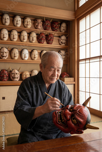 Senior Japanese craftsman in a traditional kimono carefully paints a red demon mask inside a sunny wooden workshop filled with Noh masks.