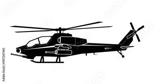 Black silhouette of a military attack helicopter with rotor blades and weaponry