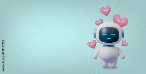 Cute 3D robot character holding pink heart, AI chatbot mascot with love expression