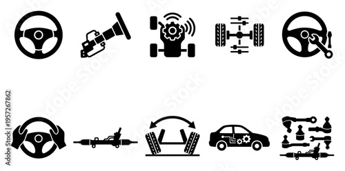 A collection of black and white icons representing car steering systems, including steering wheels, racks, suspension, and related mechanical parts, useful for automotive concepts.