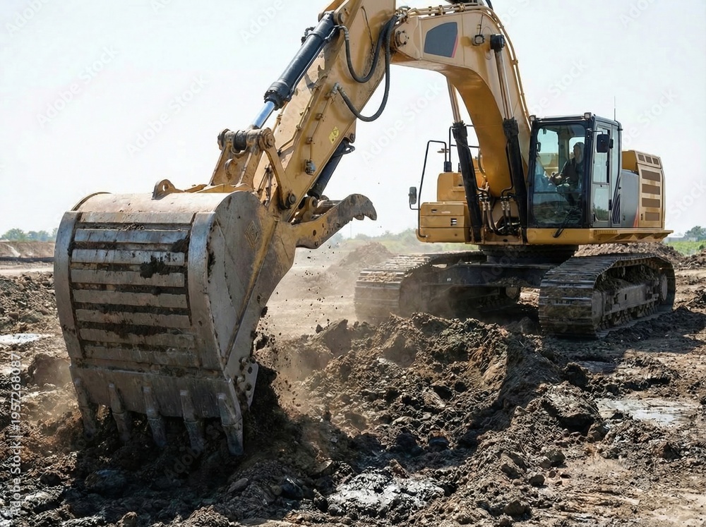 Fototapeta premium Excavator in action: soil remediation and industrial cleanup project for environmental restoration