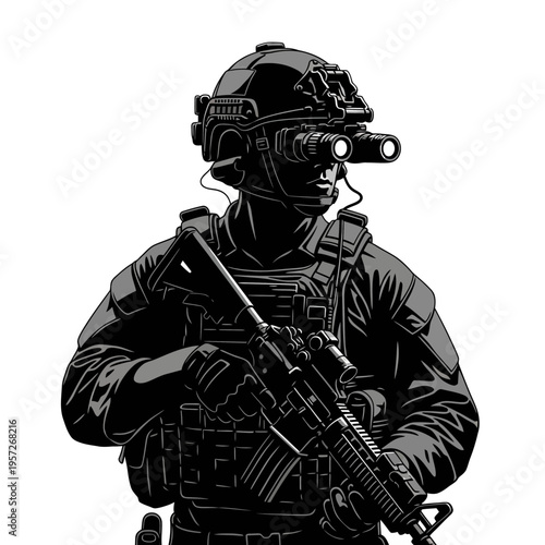 Monochrome Illustration of a Soldier with Night Vision and Assault Rifle.