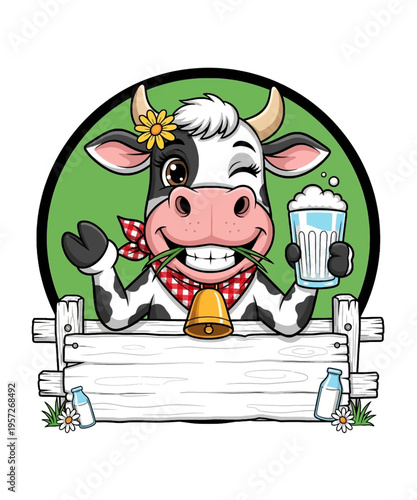 Cheerful cartoon cow mascot holding a foamy milk glass above a rustic wooden sign