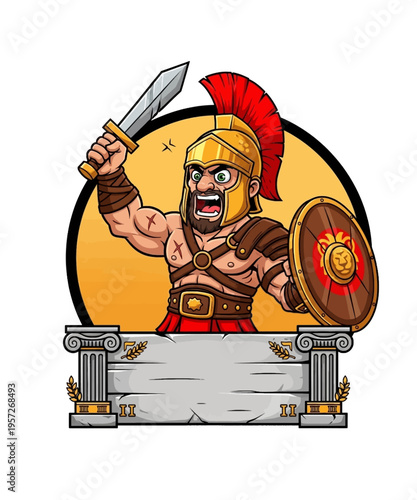 A courageous cartoon spartan gladiator character, depicted in battle armor, wielding his sword and shield.