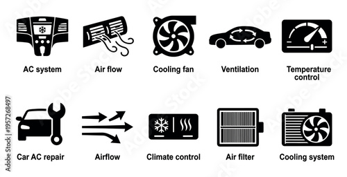 A clean, minimalist set of black and white icons illustrating various aspects of automotive air conditioning and climate control systems for a modern feel.