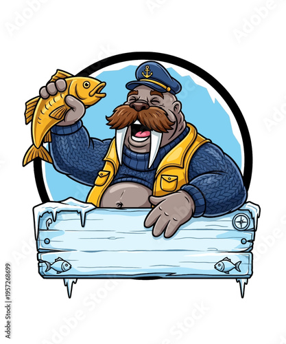 Happy cartoon walrus captain with a large mustache and tusks proudly holding a golden fish.