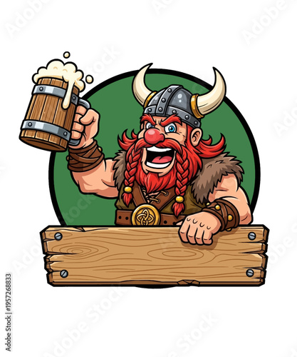 A cheerful cartoon viking character with a red braided beard and horned helmet raises a frothy beer mug.