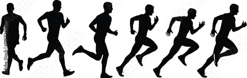Collection of six male runner silhouettes, black vector icons of men sprinting and jogging in various dynamic poses isolated on white.