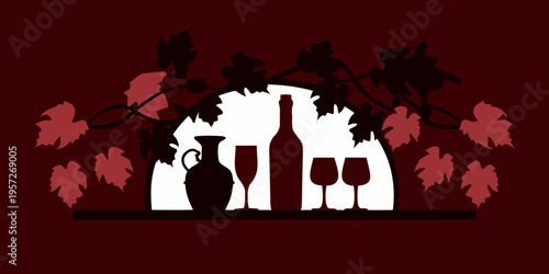 Silhouetted wine bottles and glasses with grape vine foliage design