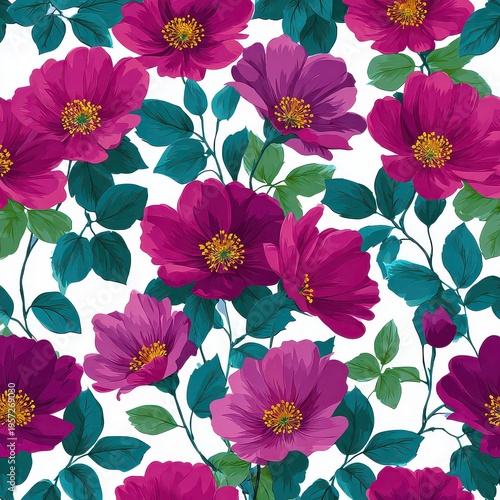 Vibrant Floral Pattern with Colorful Flowers and Green Leaves