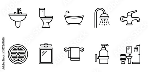 A clean and simple line art illustration featuring a collection of essential bathroom icons, perfect for design and web use.