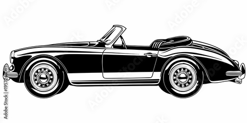A vintage black and white illustration of a classic convertible sports car