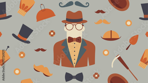 Seamless pattern featuring a dapper gentleman with a fedora hat glasses and various bow ties
