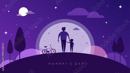 A father and child standing together on a grassy hill under a bright full moon at night time