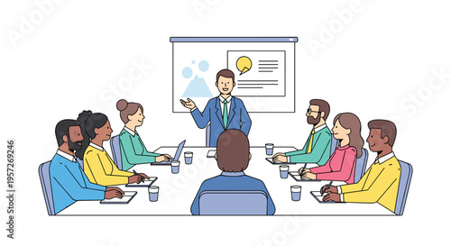 A diverse group of business professionals attends a meeting with a presenter and a screen in a conference room setting.