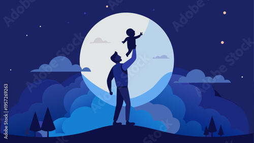 A father lifting his baby up towards the glowing full moon in a serene and peaceful night landscape