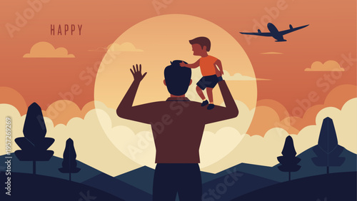 A father holding his young son on his shoulders while looking at the sunset in a peaceful landscape