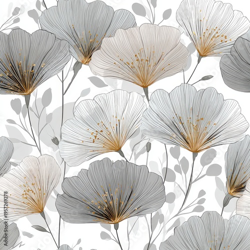 Elegant Floral Pattern with Soft Gray and White Flowers on Background